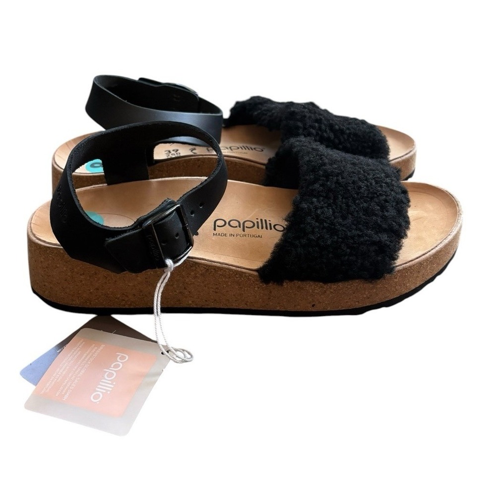 Birkenstock Papillo Glenda Black Leather Sherling Platform Sandal Sz 39 (US 8)